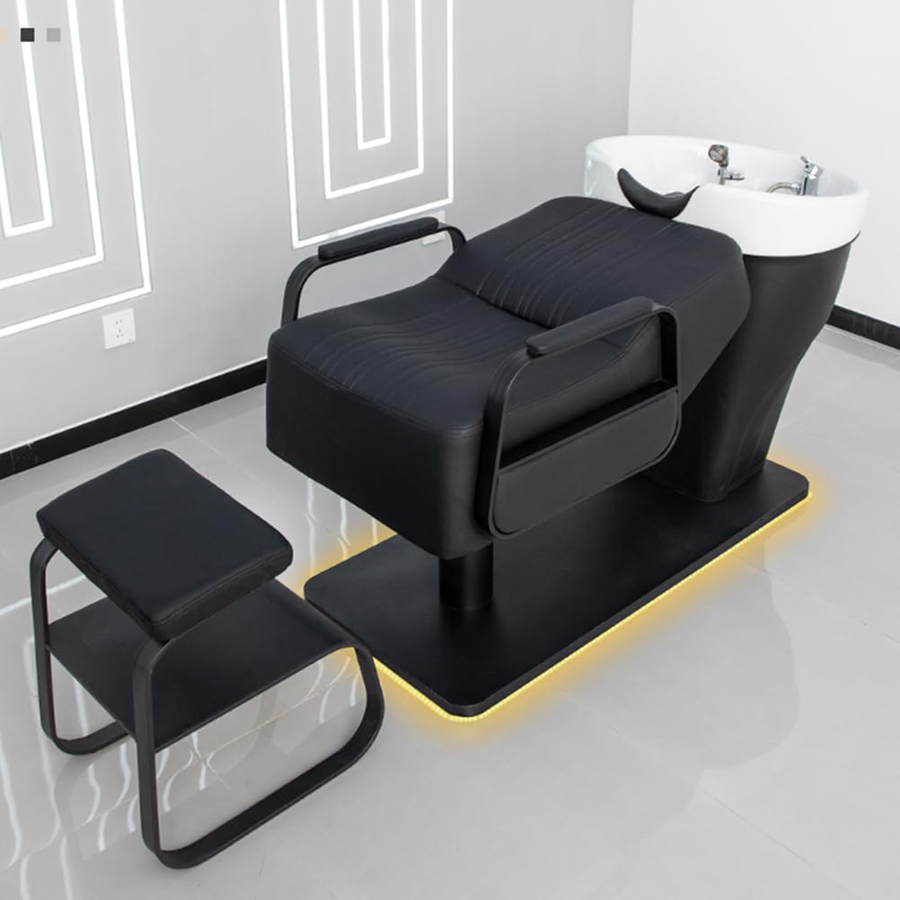Shampoo Backwash Unit, Shampoo Bowl and Chair Set with Ceramic Sink, Reclining Shampoo Station with Footrest, Backwash Barber Chair for Salon Spa