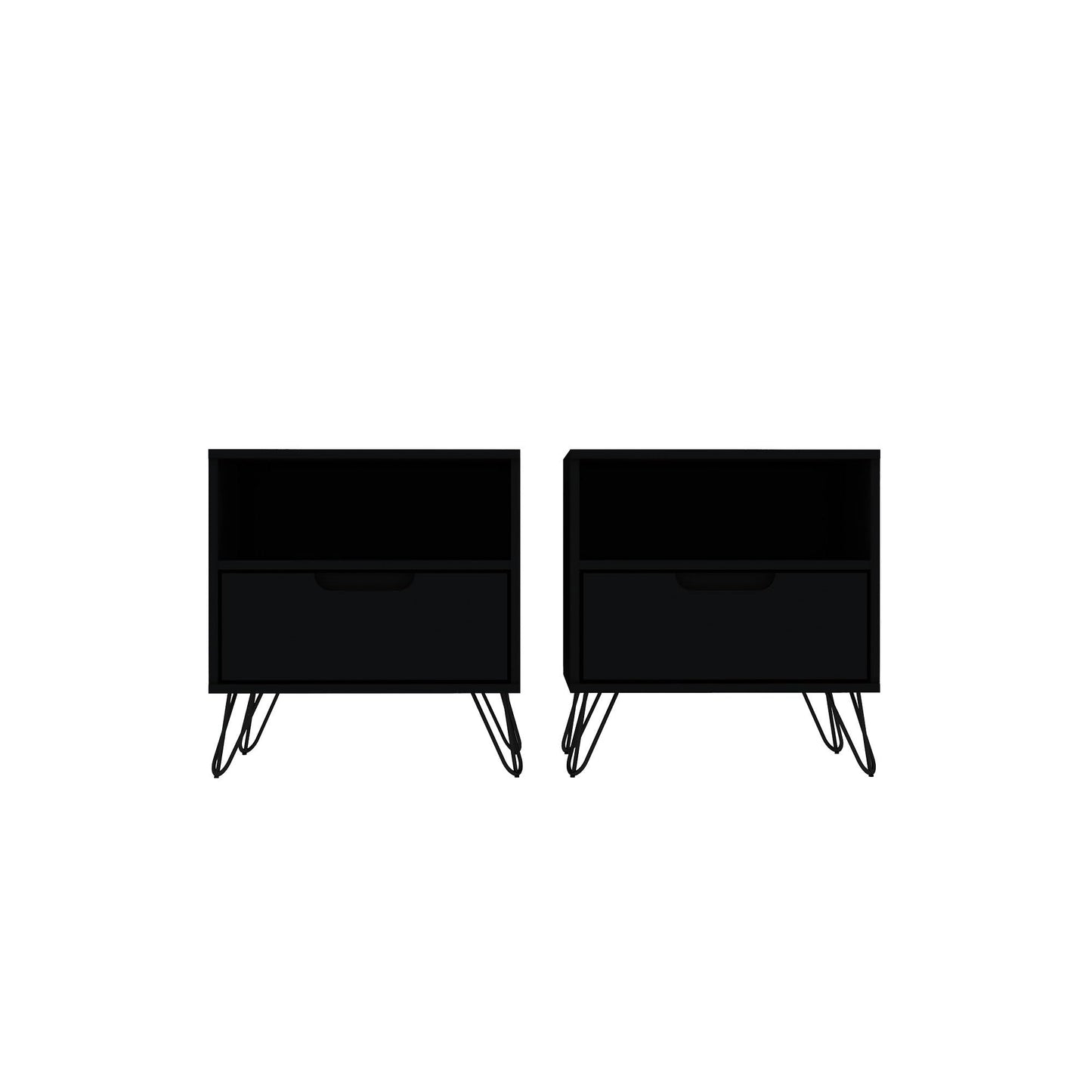 Manhattan Comfort Rockefeller Nightstands Set of 2 with Drawer and Cubby, Ideal for Bedroom and Living Room, Bedside Table with Mid Century Modern Design, Functional Storage Organizer, Black