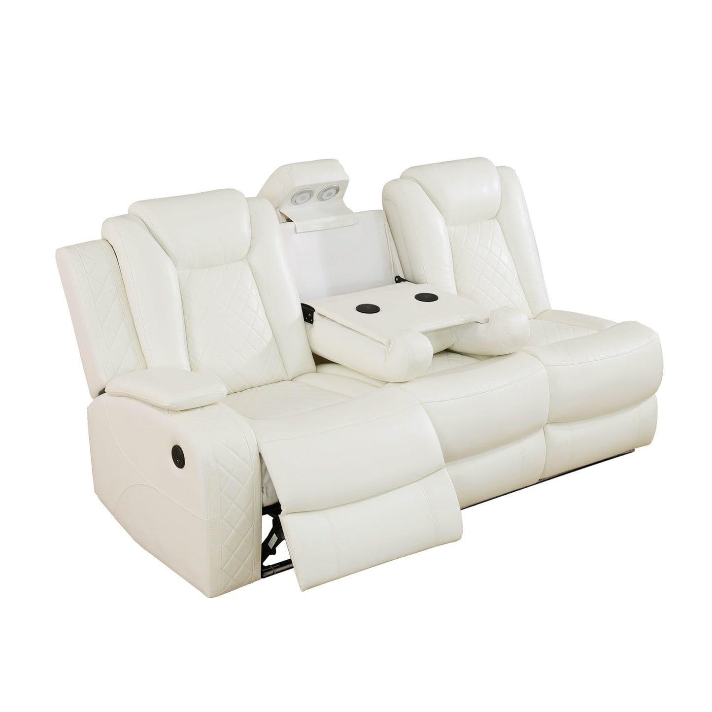 Reclining Sectional, Power Sectional Couch, Leather Sofa Set for Living Room, Comfy Home Theater Seating with USB 2.0 Charging Ports, LED Light Strips, Fold-Down Table & Cupholders (White, 3-Piece)