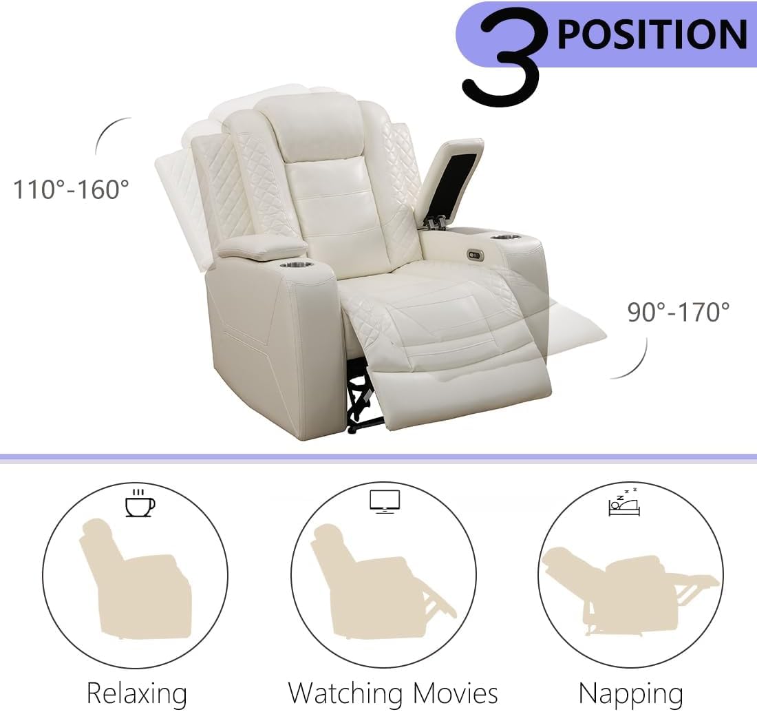 Trygoal Power Recliner Chair, Single Leather Recliners with Home Theater Seating, Oversized Electric Recliner Sofa Breathable Living Room Chairs for Adults Reading Gaming, White