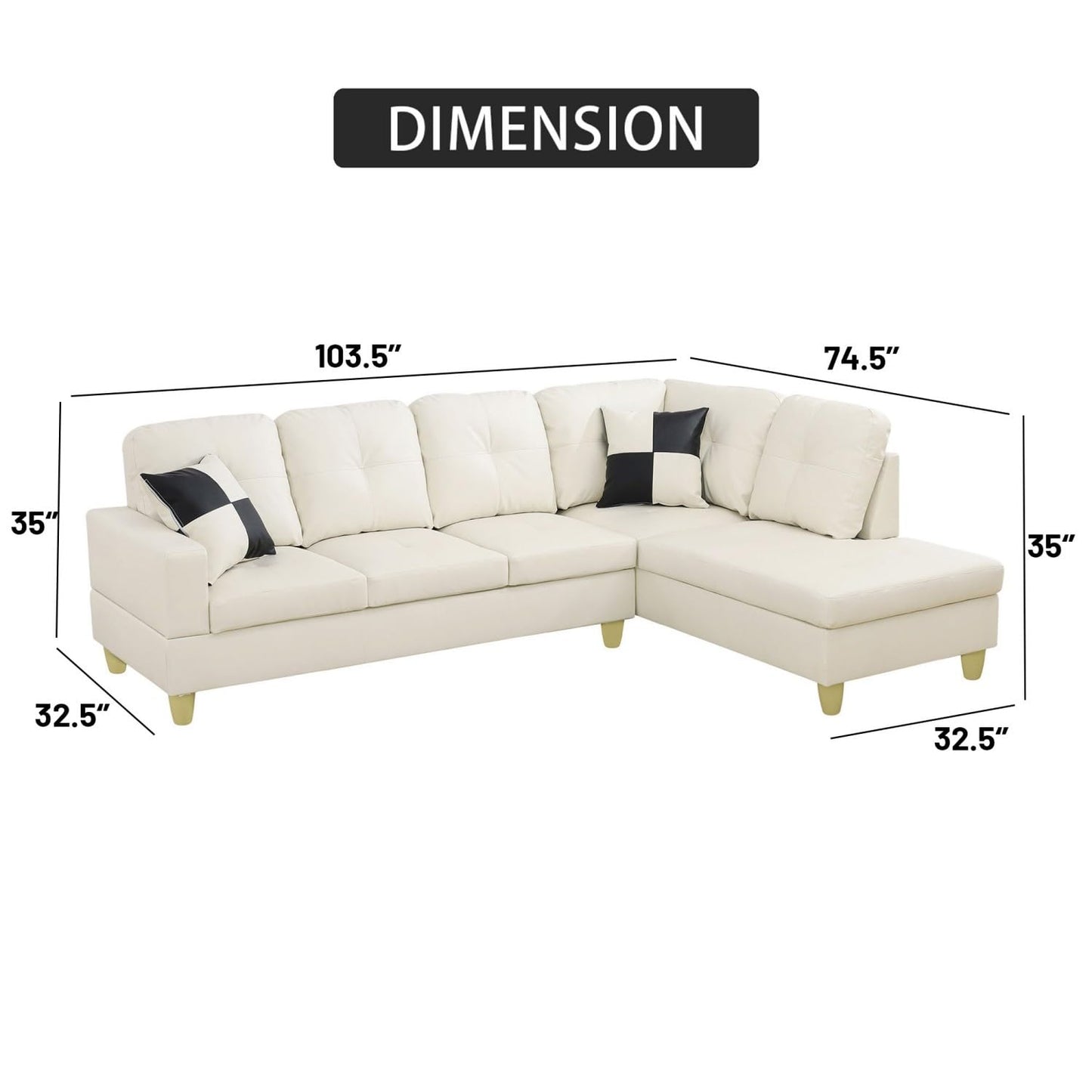 UOCFYK Sectional Sofa Couch with Right Chaise, Faux Leather L Shaped Couches for Living Room, Office, Apartments, Small Space, White