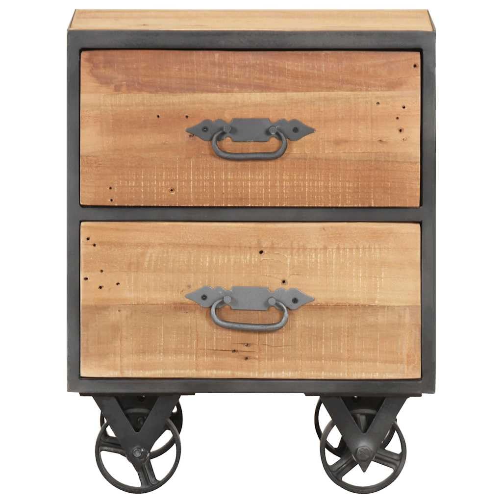 WXGTBKPR Industrial Bedside Cabinet with 2 Drawers, Reclaimed Wood Nightstand with Wheels, Vintage Side Table for Bedroom Storage, Brown