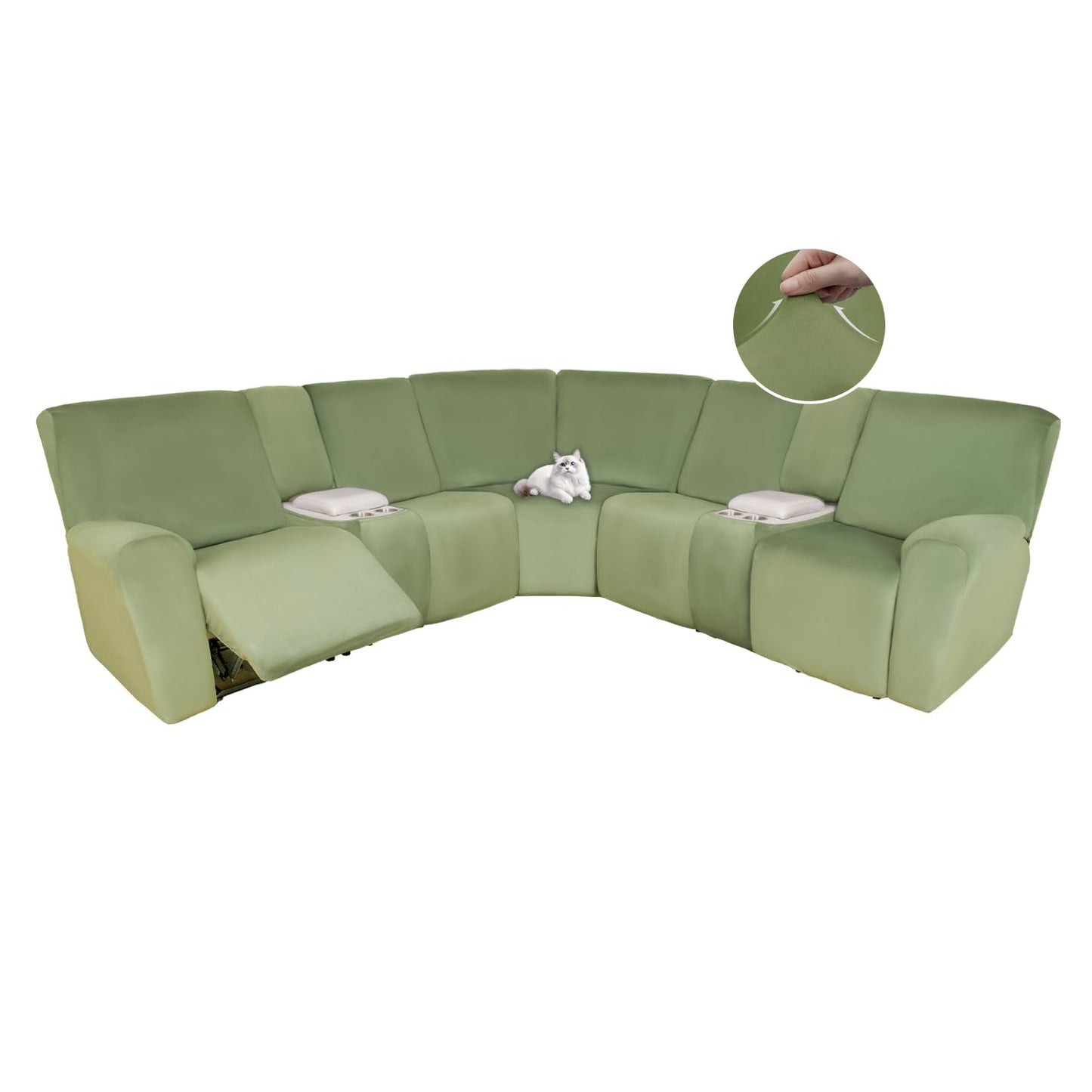 HDCAXKJ Reclining Sectional Couch Covers Velvet L Shaped Sectional Sofa Cover Washable Stretch Soft Corner Recliner Slipcover with Non-Slip Elastic Bottom (5 Seat and 2 Middle Console, Sage Green)