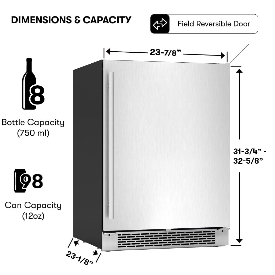 Zephyr Brisas 24" Wine Fridge & Beverage Refrigerator ADA Single Zone Under Counter - Mini Wine Cooler Cellars Small Beer Cabinet Drink Chiller Freestanding Stainless Steel Door - 8 bottles 98 cans
