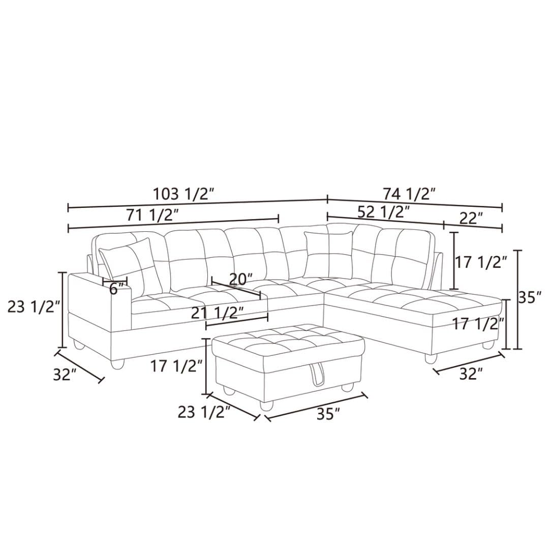 UOCFYK L-Shaped 3-Piece Flannel Sofa with Storage Ottoman Set, Sectional Couch Sofa Set for Living Room, Office, Small Space, Black Grey