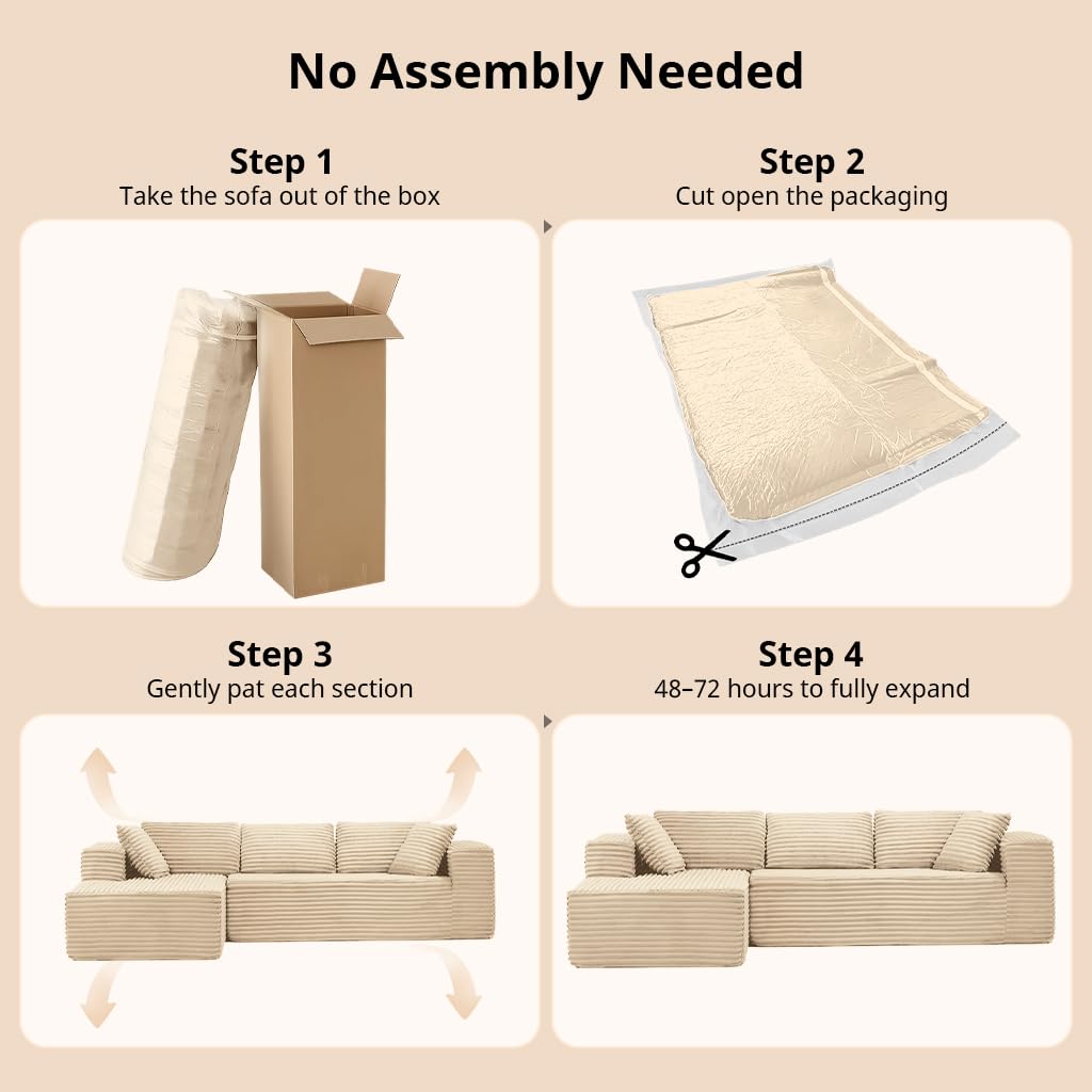 COMHOMA 105”Modular Sectional Sofa with Deep Seat,Cloud Upholstered L-Shape Couch Wide Arms Corduroy Fabric High-Density Foam Chaise Lounge for Living Room No Assembly Required,Beige