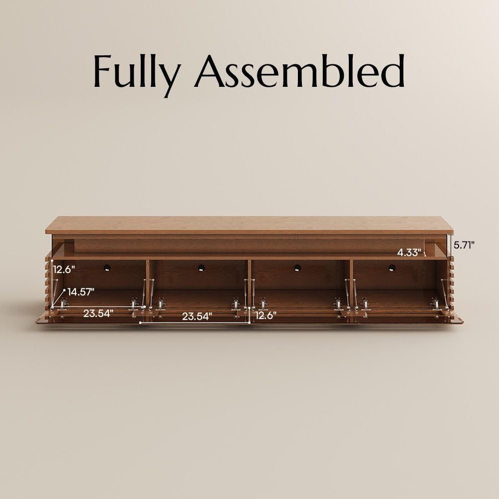 POVISON Fully Assembled Mid-Century Modern TV Stand, 94.49 Horizontal Slatted Media Console with Adjustable LED Lights, Ventilated Storage, Walnut Entertainment Center for Living Room
