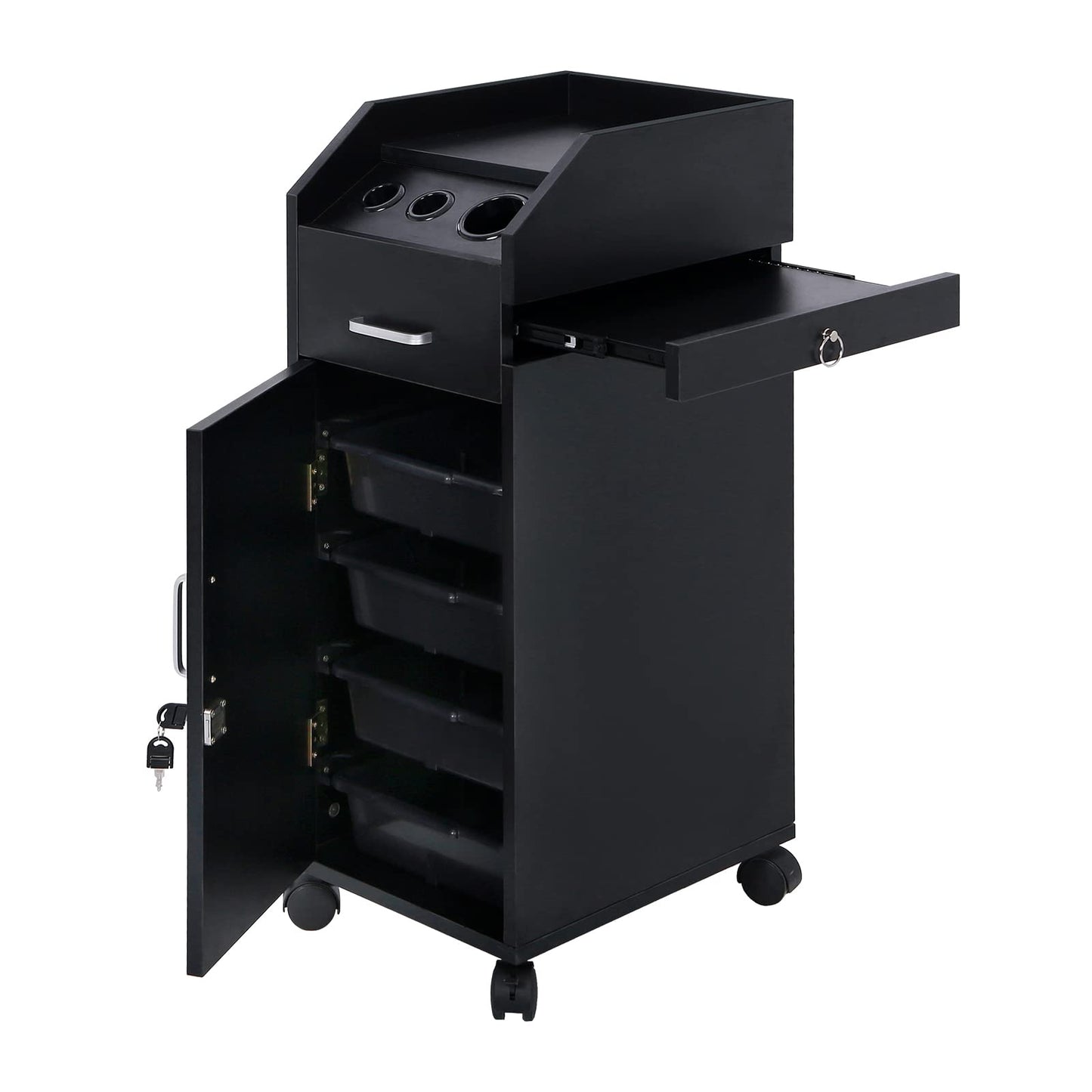 Salon Cart for Hair Stylists, Lockable Wood Trolley Cart on Wheels, 4-Drawer Storage Cabinet, Hair Dryer Holders, Rolling Salon Station for Beauty Spa Barber Tattoo,Beauty Salon Trolley Storage Cart