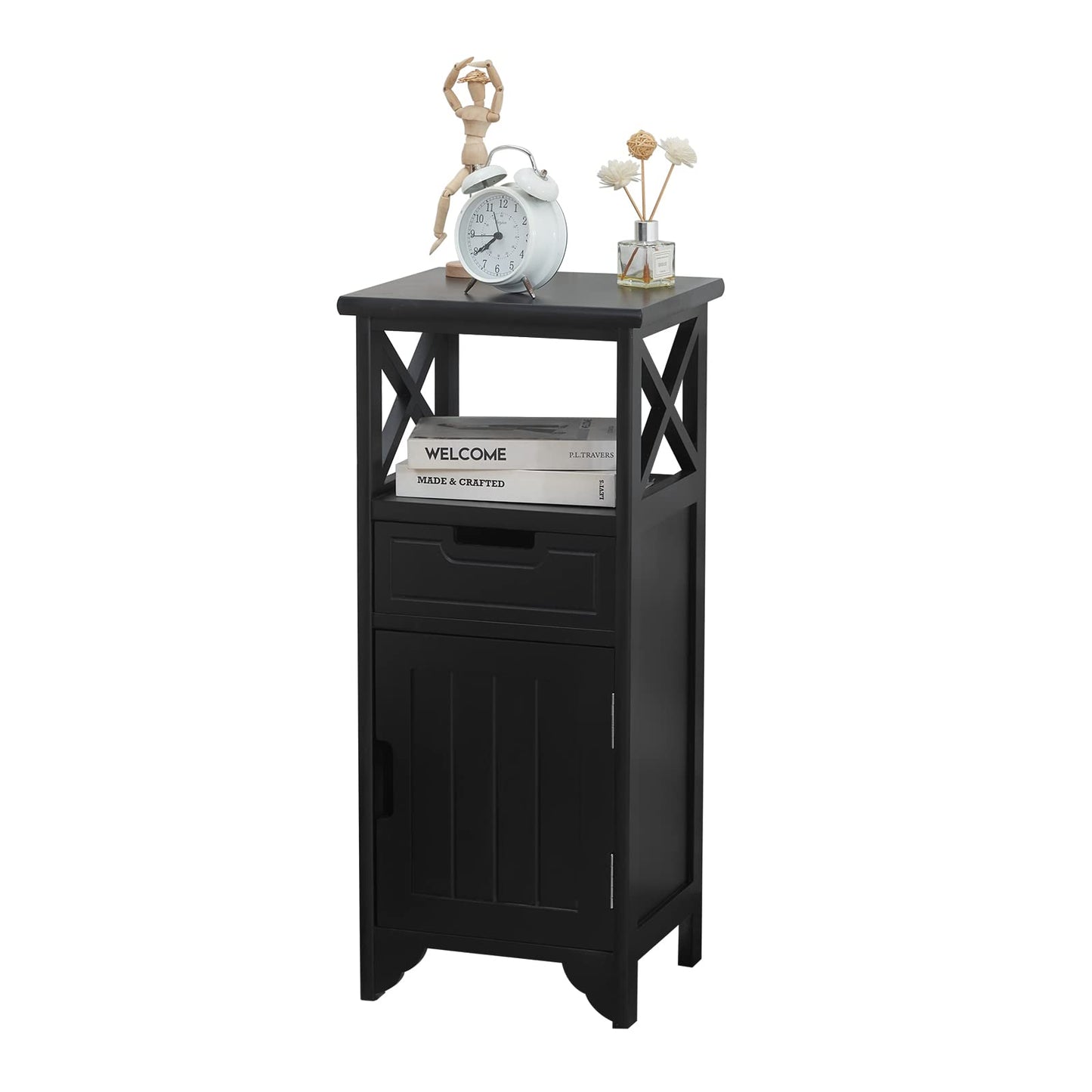 BECTSBEFF Assembled 30in Height Nightstand, Pre- Assembled Bathroom Floor Cabinet with Shelf and Storage Drawer, Black Tall End Table No Assembly Chest for Living Room Bedroom