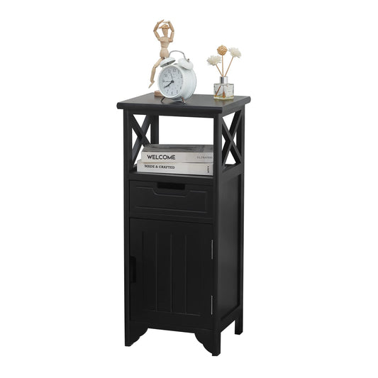 BECTSBEFF Assembled 30in Height Nightstand, Pre- Assembled Bathroom Floor Cabinet with Shelf and Storage Drawer, Black Tall End Table No Assembly Chest for Living Room Bedroom