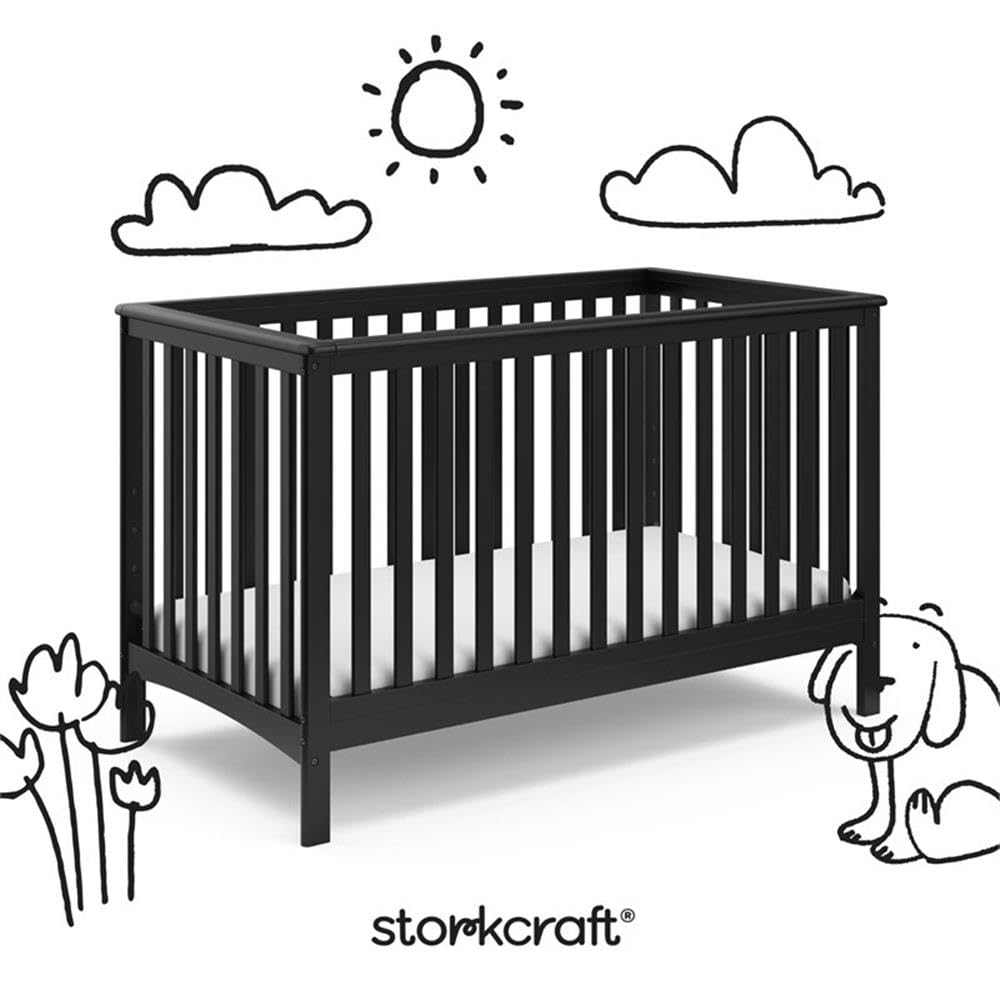 Pemberly Row 4-in-1 Convertible Pine Wood Crib, Black Finish, Adjustable 4-Position Base, Modern Nursery Bed Converts to Toddler, Daybed, Full-Size Bed, JPMA Certified Safe