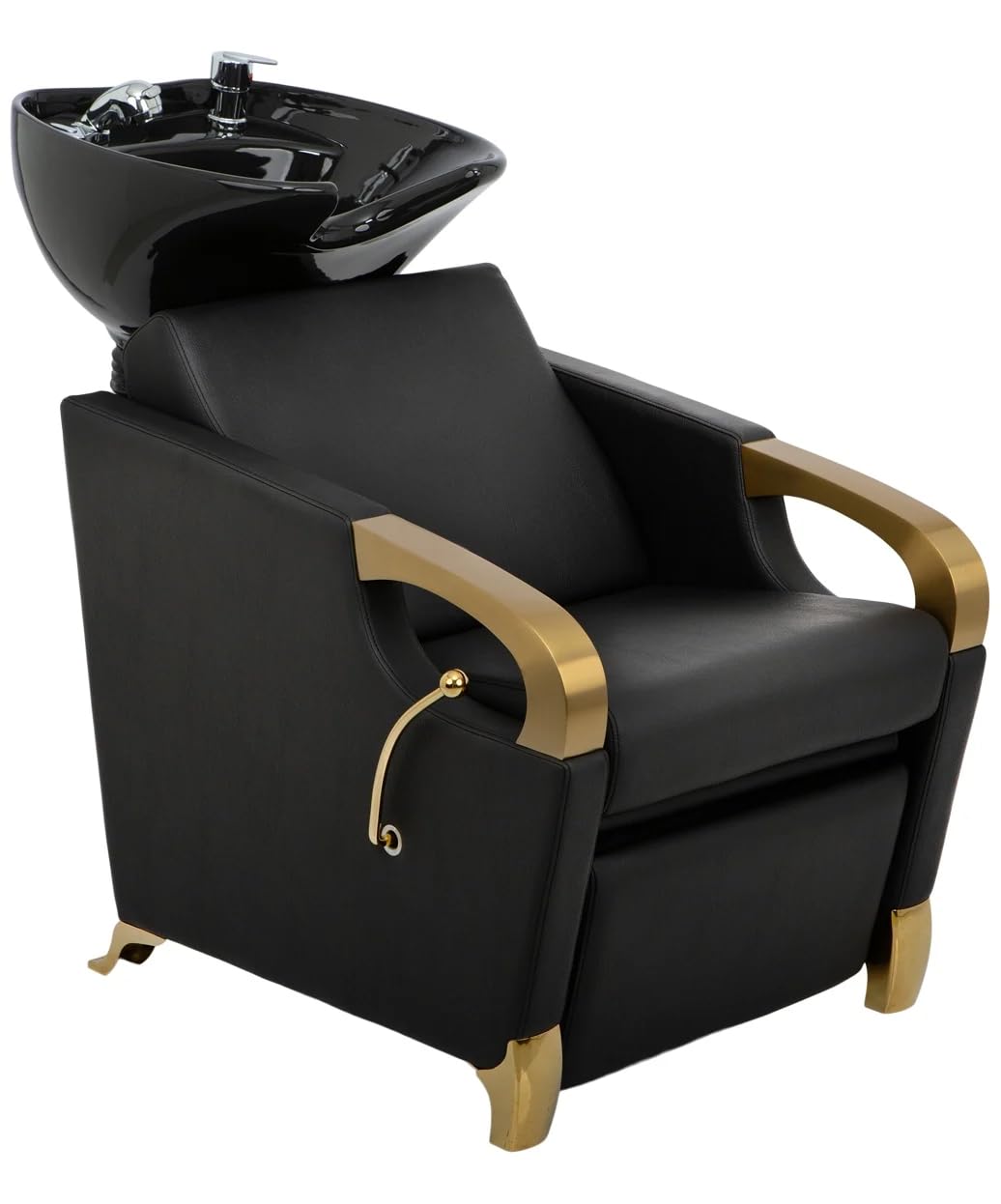 Buy-Rite Luna Gold Shampoo Backwash Unit - Tilting Black Porcelain Bowl, Brushed Gold Armrests, Extra-Wide Seat, Lever Leg Rest, Modern Salon Design, YLG-583-1-GOLD-BLK