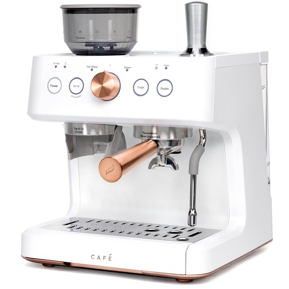 Café Bellissimo Semi Automatic Espresso Machine with Grinder & Milk Frother | Copper Accents | WiFi App Control | Large 95oz Tank | Matte White