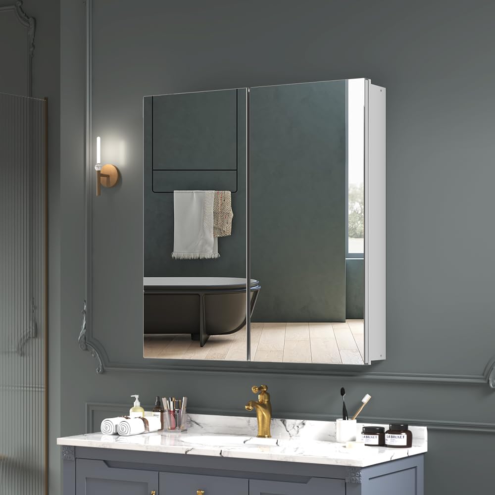 Quavikey 24"x26" 2-Door Medicine Cabinet with Mirror, Recessed or Surface