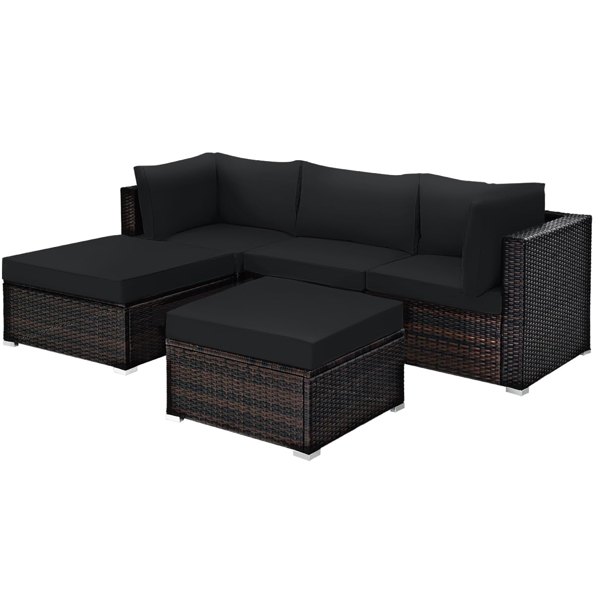 Tangkula 5 Piece Patio Rattan Furniture Set, Outdoor Sectional Rattan Sofa Set with Back & Seat Cushions, Wicker Conversation Set with Tempered Glass Table for Backyard Porch Poolside (Black)