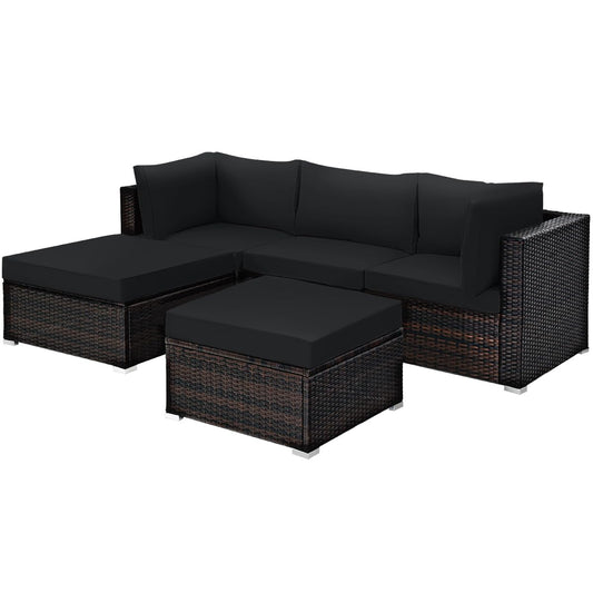 Tangkula 5 Piece Patio Rattan Furniture Set, Outdoor Sectional Rattan Sofa Set with Back & Seat Cushions, Wicker Conversation Set with Tempered Glass Table for Backyard Porch Poolside (Black)