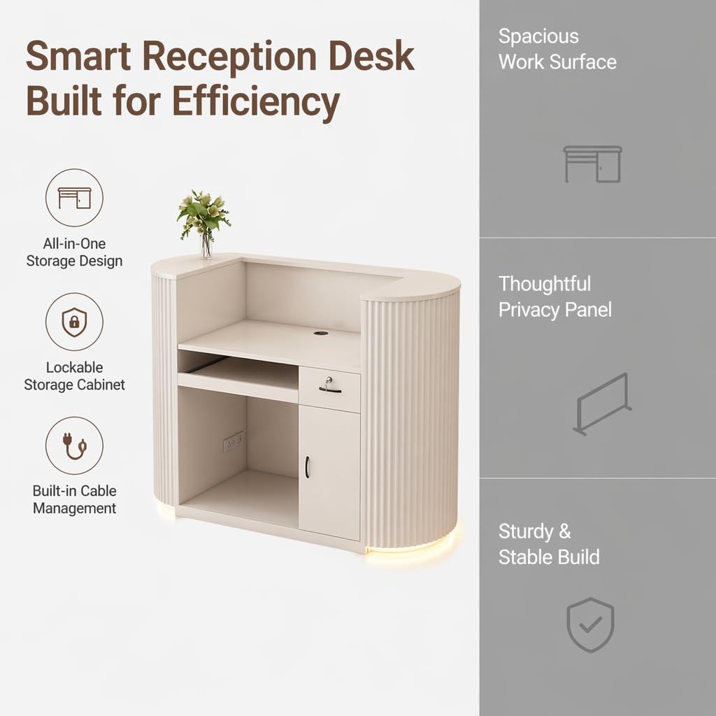 Modern Curved Reception Desk 47 Inch, LED Light Reception Counter with Power Outlet, Lockable Drawer Storage Cabinet for Salon Office Lobby Retail Store