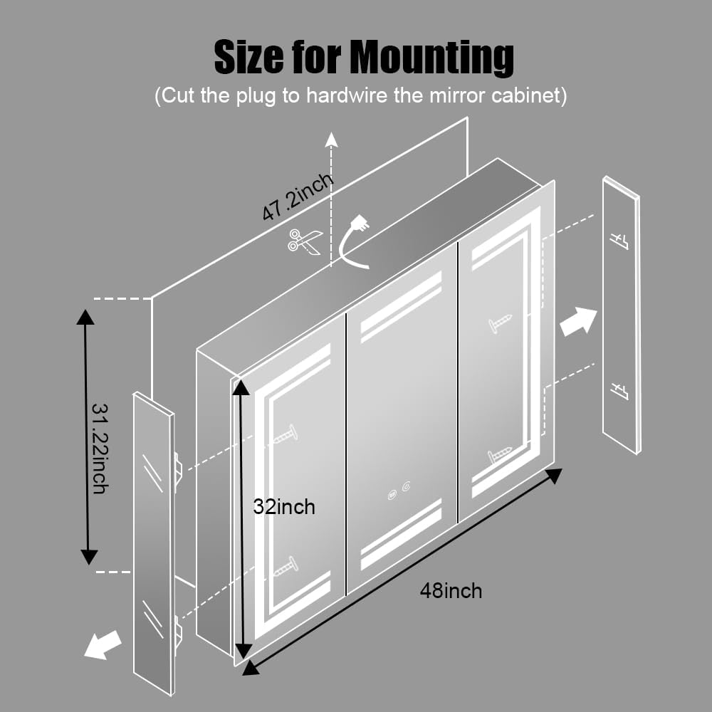 Janboe High-End Led Medicine Cabinet,Lighted Medicine Cabinet,3 Colors&Dimmable,Demister,Lighted Glass Shelf,USB Shaver Socket.Surface Mount or Recess Mount,48×32inch