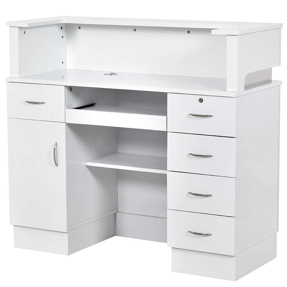 Dir Reception Desk, Receptionist Area Counter with LED Lights in White LANGARA