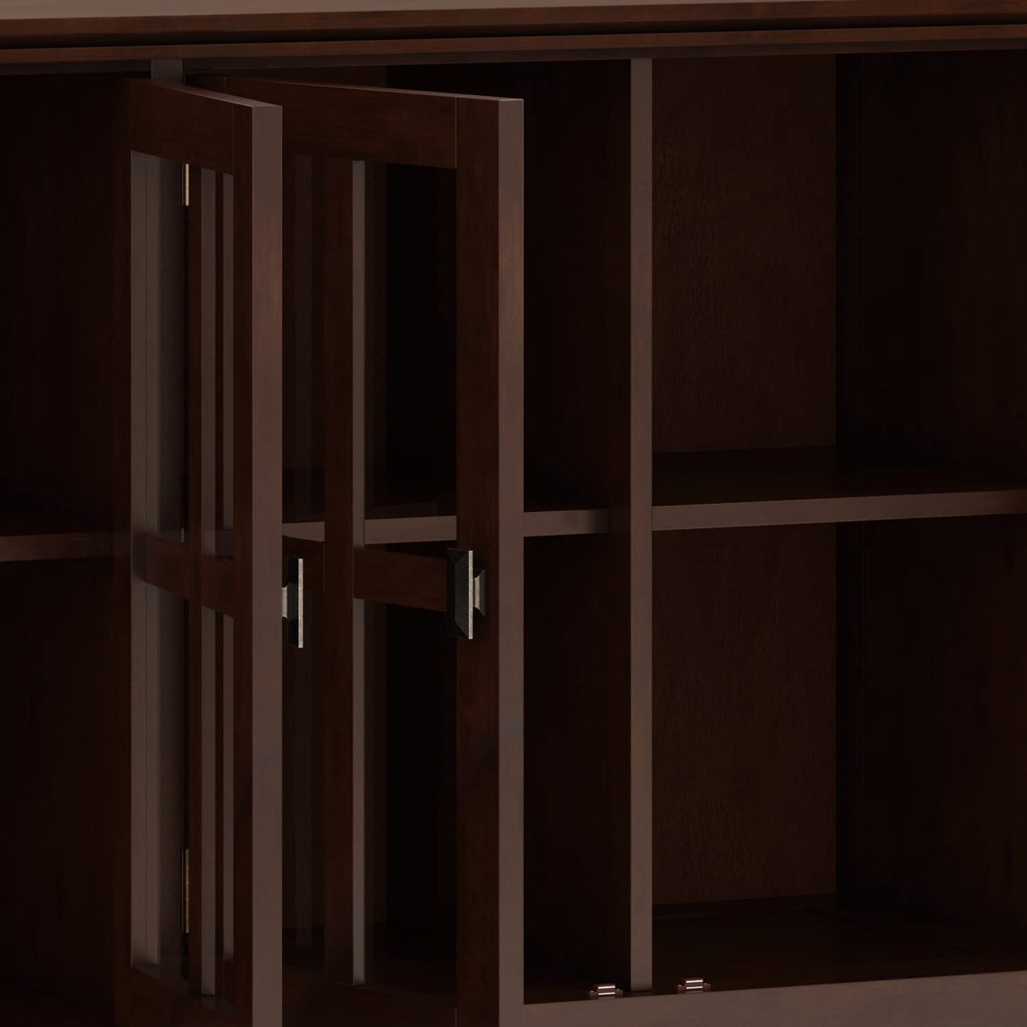 SIMPLIHOME Artisan Storage Cabinet - 66 inch Wide Solid Wood 4-Door Sideboard Cabinet in Russet Brown, Contemporary Buffet for Living Room or Dining Room with Glass Doors and Adjustable Shelves