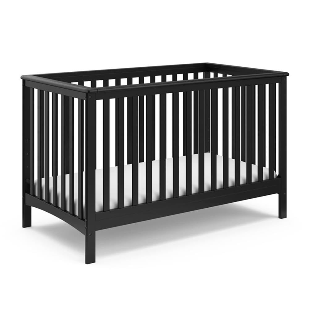 Pemberly Row 4-in-1 Convertible Pine Wood Crib, Black Finish, Adjustable 4-Position Base, Modern Nursery Bed Converts to Toddler, Daybed, Full-Size Bed, JPMA Certified Safe