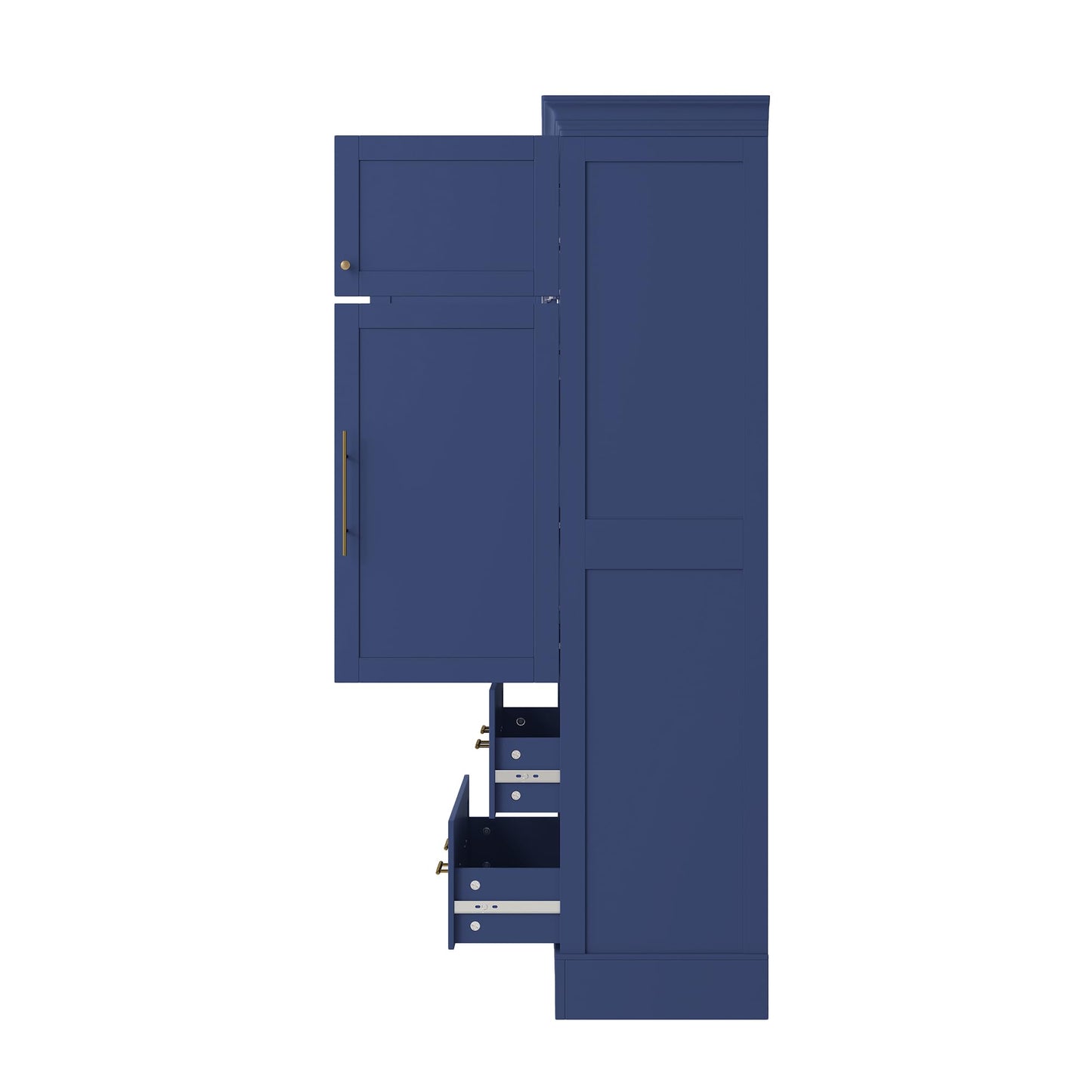 Merax 72.6" Farmhouse Kitchen Pantry Cabinet with Pull-Out Trays & Drawers, Freestanding Pantry with Cake Pan Storage, 4-Door Shaker Style Storage Cabinet, 40" L x 18" W, Blue