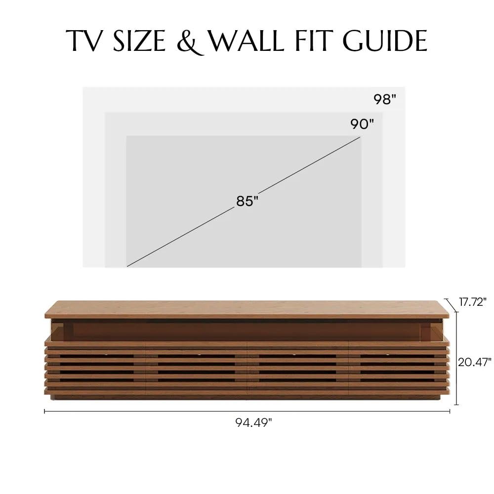 POVISON Fully Assembled Mid-Century Modern TV Stand, 94.49 Horizontal Slatted Media Console with Adjustable LED Lights, Ventilated Storage, Walnut Entertainment Center for Living Room