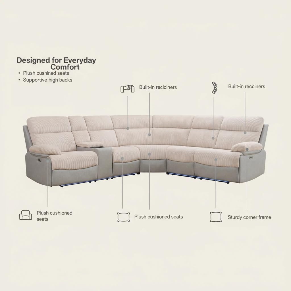 Trygoal Power Reclining Sectional Sofa Set, L-Shaped Sectional Couch for Living Room, Home Theater Seating with Wireless Charging Panel, Intelligent Recliner Sofa with LED Lights, Off-White & Gray