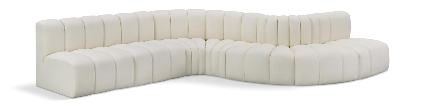 Meridian Furniture 101Cream-S7C Arc Collection Modern | Contemporary Modular Sofa with Soft Cream Vegan Leather, Deep Channel Tufting, Modular Design, 170" W x 62" D x 30" H, Cream