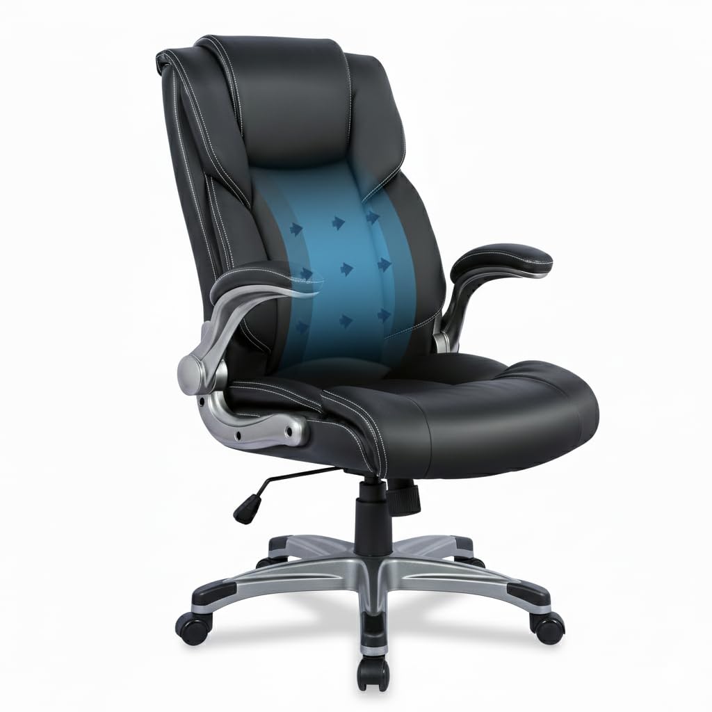 COLAMY Ergonomic Executive Office Chair with Lumbar Support, Flip-Up Arms, Bonded Leather High Back Desk Chair for Home Office & Workstation, Computer Chair for Adults Men Women, Black