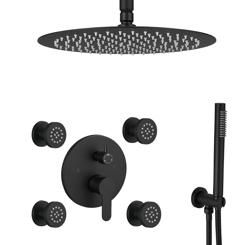 HXYHS Matte Black Round Shower Faucet Set with Body Jets 12 Inch Shower Head Handheld Shower Combo Set High Pressure Ceiling Mount with Rough-in Valve