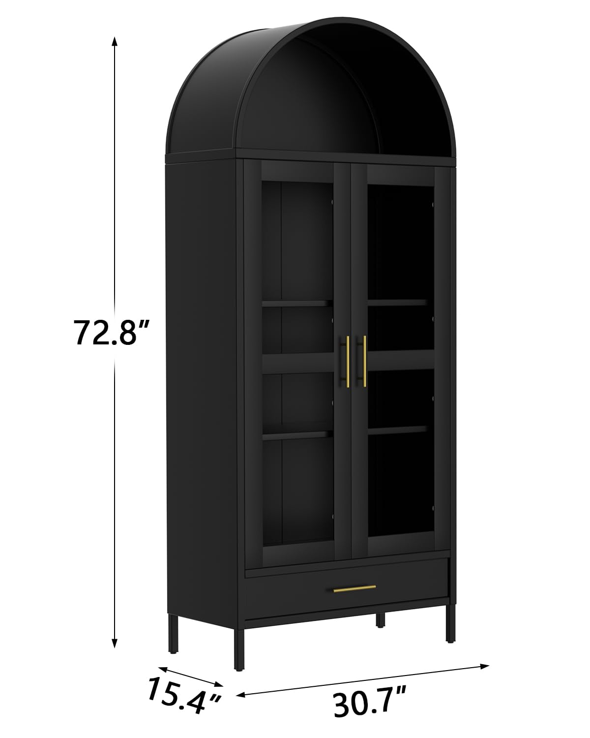 GarveeHome 73" Tall Arched Metal Storage Cabinet with Glass Doors & Drawer,Freestanding Pantry Cabinet with Adjustable Shelves, Modern Accent Bookshelf for Dining Room/Living Room, Black