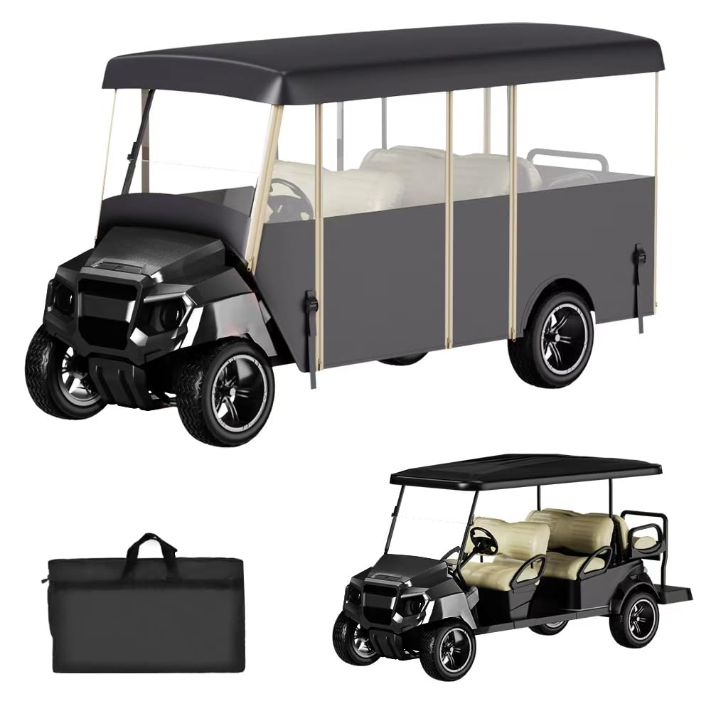 Golf Cart Cover Enclosure 4&6 Passenger, Golf Cart Cover for Yamaha Club Car EZGO, Waterproof 600D Oxford Rain Cover, Transparent Tail Light Panel, Foldable Door,4-Sided Clear Windows