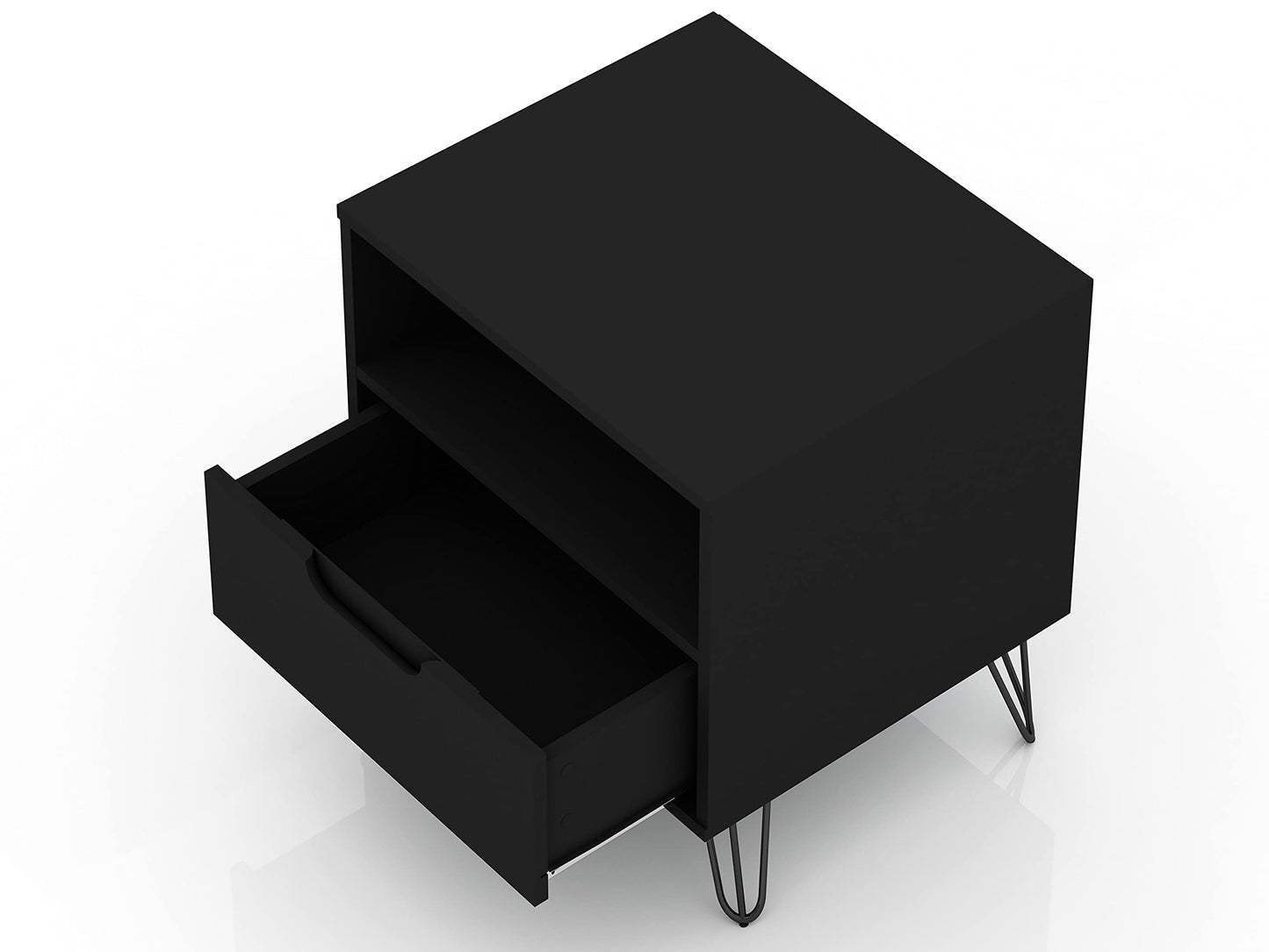 Manhattan Comfort Rockefeller Nightstands Set of 2 with Drawer and Cubby, Ideal for Bedroom and Living Room, Bedside Table with Mid Century Modern Design, Functional Storage Organizer, Black