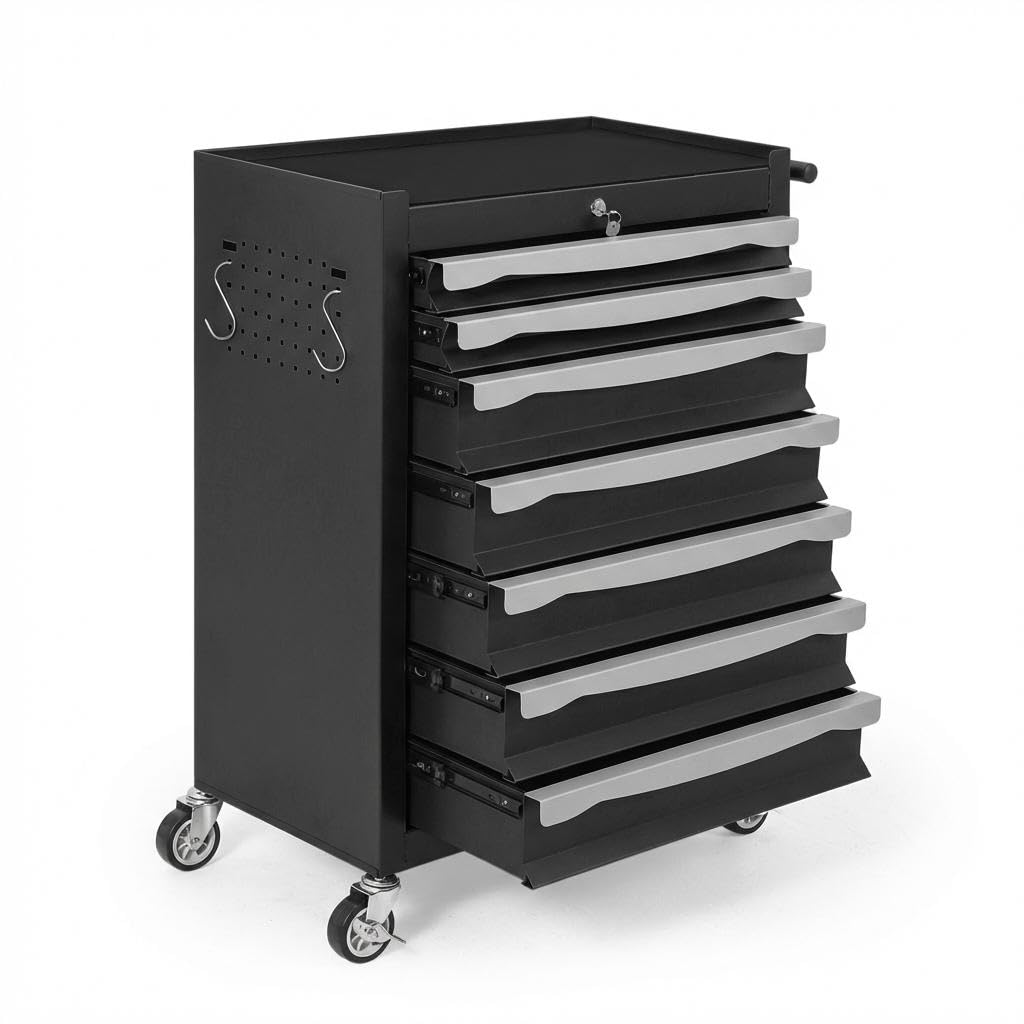 7-Drawer Tool Chest, Rolling Tool Cart with Wheels, Large Capacity Tool Storage Cabinet with Keyed Locking,Drawer Liners&Link Buckle, for Garage, Workshop, Warehouse,24.21"L * 13.78"W * 34.06"H Black