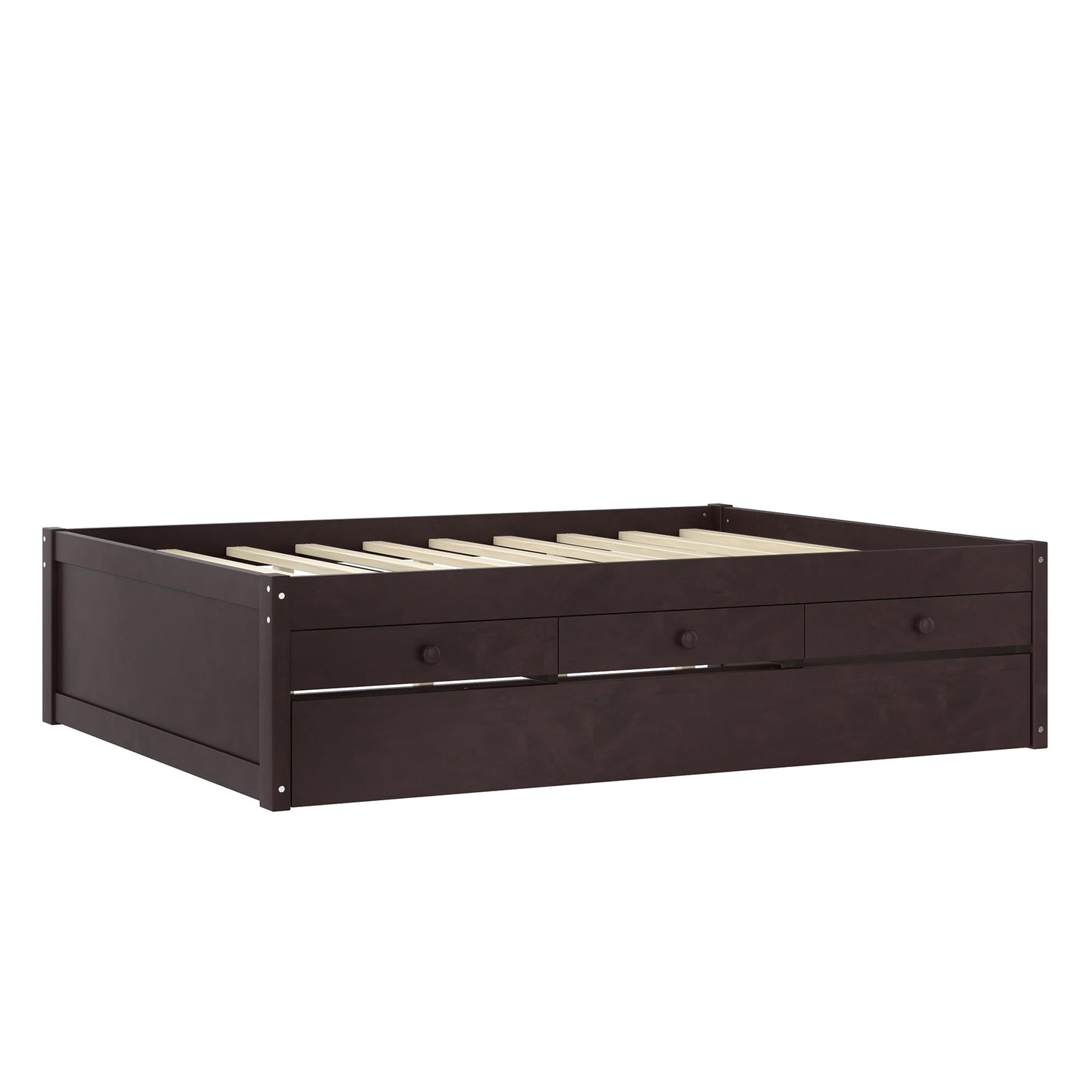 Twin Platform Bed with Trundle and Storage Drawers, Solid Wood Daybed with Power Outlets and Full-upgraded Slats, Twin Bed Frame for Bedroom, Guests, Living Room, No Box Spring Needed, Espresso