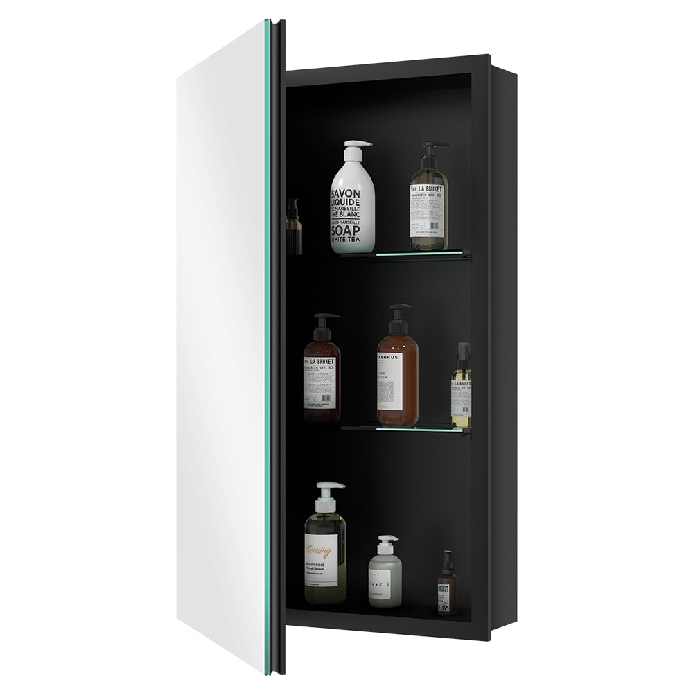 Quavikey 16"x26" Medicine Cabinet with Mirror, Recessed or Surface, Black