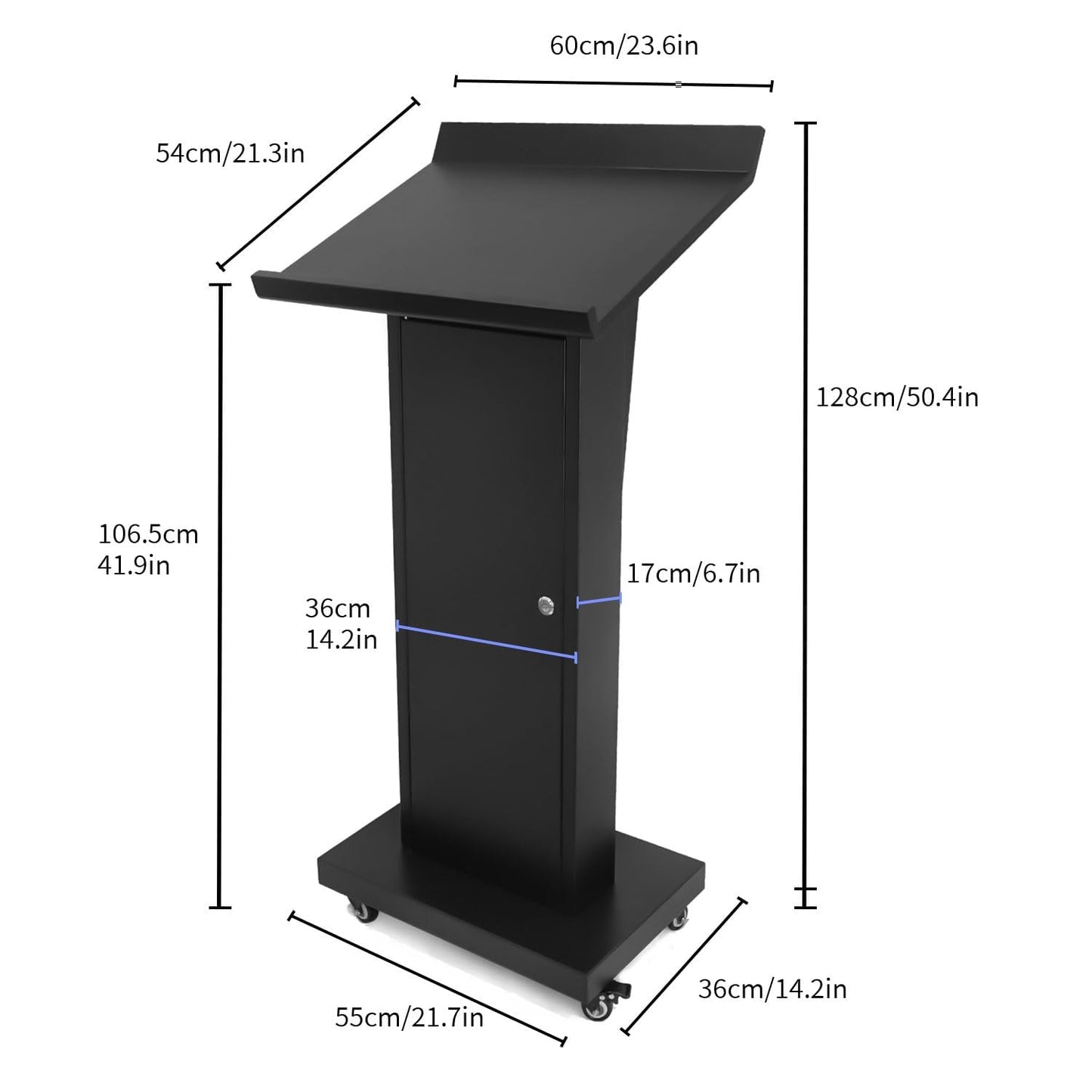 MOOFI Mobile Podium Stand with Wheels, Heavy Duty Rolling Lectern with Lockable Casters, Black Metal Pulpit with Storage Cabinet for Church, Classroom, Office & Conference Presentations