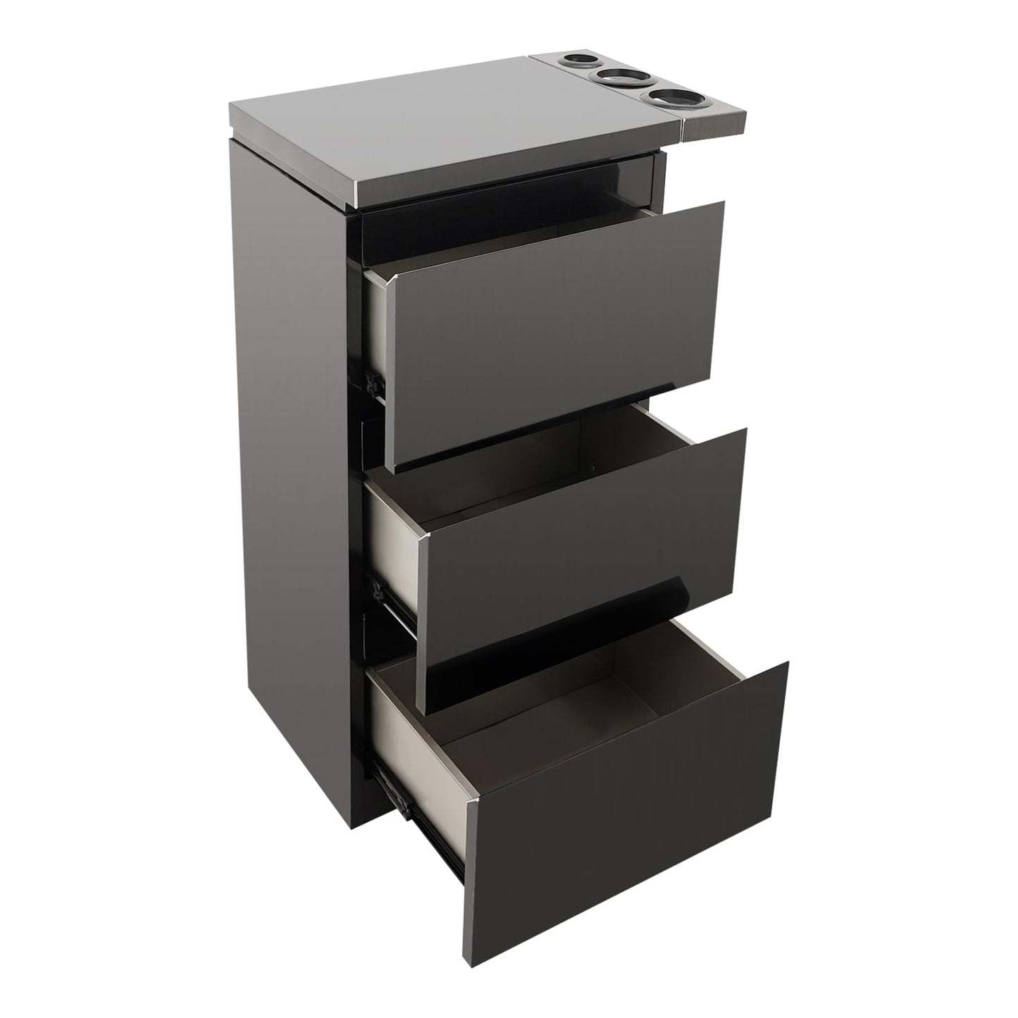 Salon Station for Hair Stylist, 3-Drawer Stainless Steel Salon Storage Cabinet Barber Organizer with 3 Hair Dryer Holders, Smooth & Silent Sliding (Black)