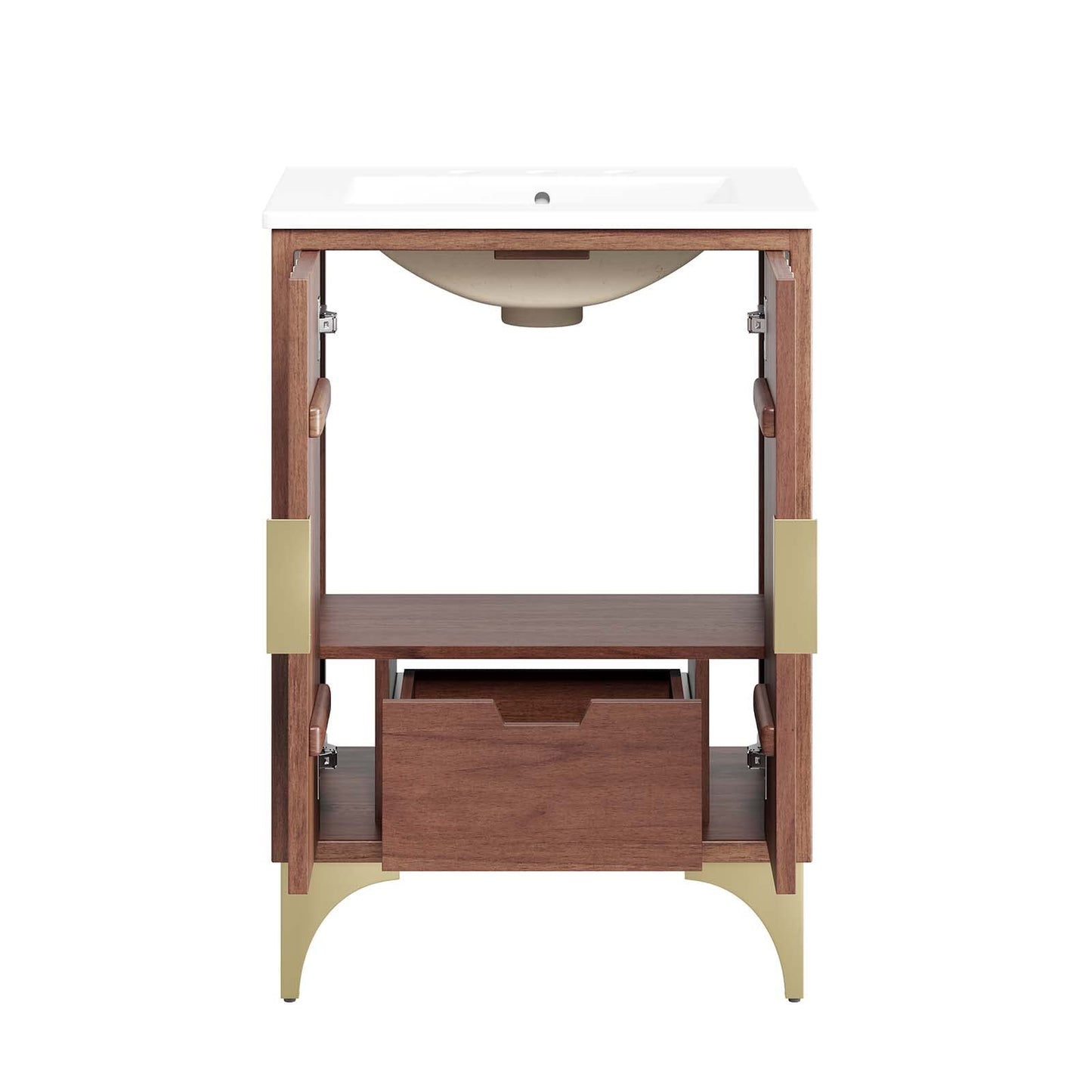 Modway Daylight Bathroom Vanity Cabinet with Ceramic Sink Basin, 24 Inch, White Walnut