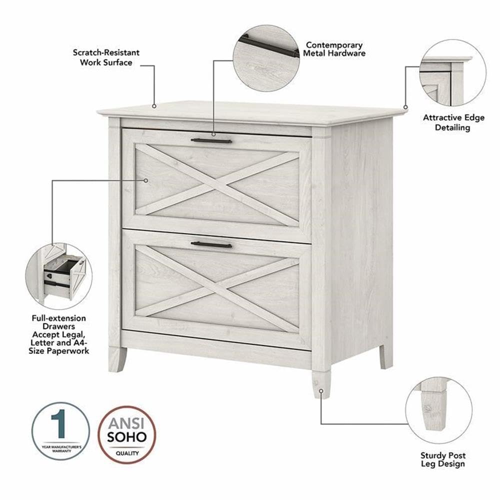 Bush Home Key West 54W Computer Desk with 2 Drawer Lateral File Cabinet and 5 Shelf Bookcase in Linen White Oak
