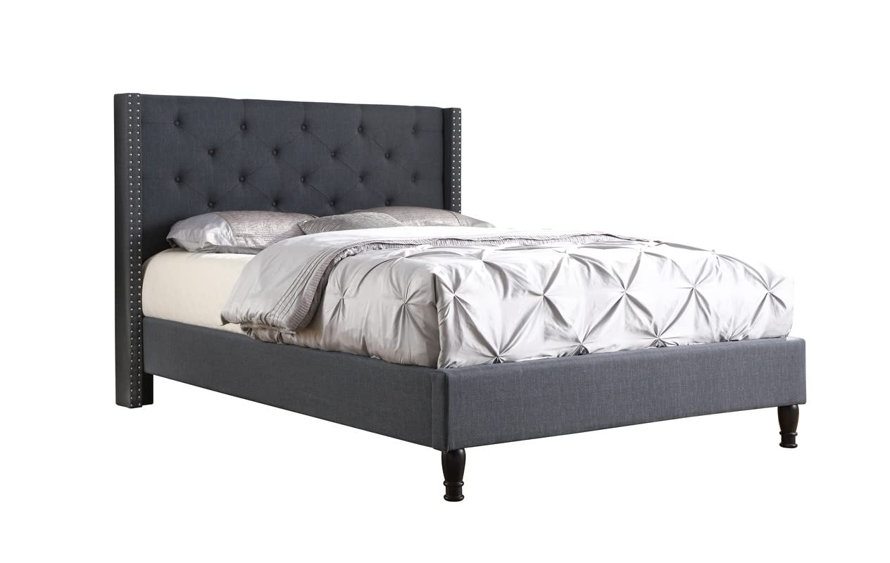 Full Upholstered Platform Bed Frame with 51" Tall Headboard - Button Tufted Cloth Bed - Wood Slat Support with Storage Space - No Box Spring Needed - Easy Assembly - Blue - Oliver & Smith Astor