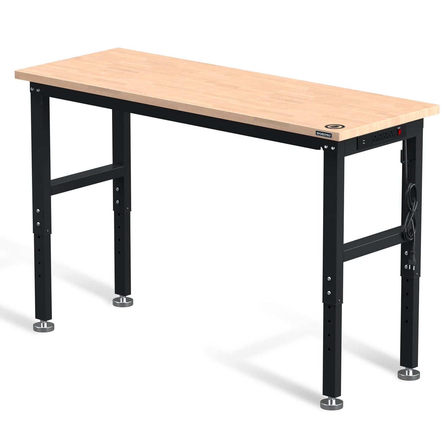 WORKPRO 60" Adjustable Workbench, Rubber Wood Top Heavy-Duty Workstation, 2000 LBS Load Capacity Hardwood Worktable with Power Outlets, for Workshop, Garage