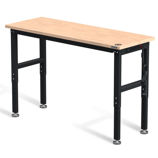 WORKPRO 60" Adjustable Workbench, Rubber Wood Top Heavy-Duty Workstation, 2000 LBS Load Capacity Hardwood Worktable with Power Outlets, for Workshop, Garage