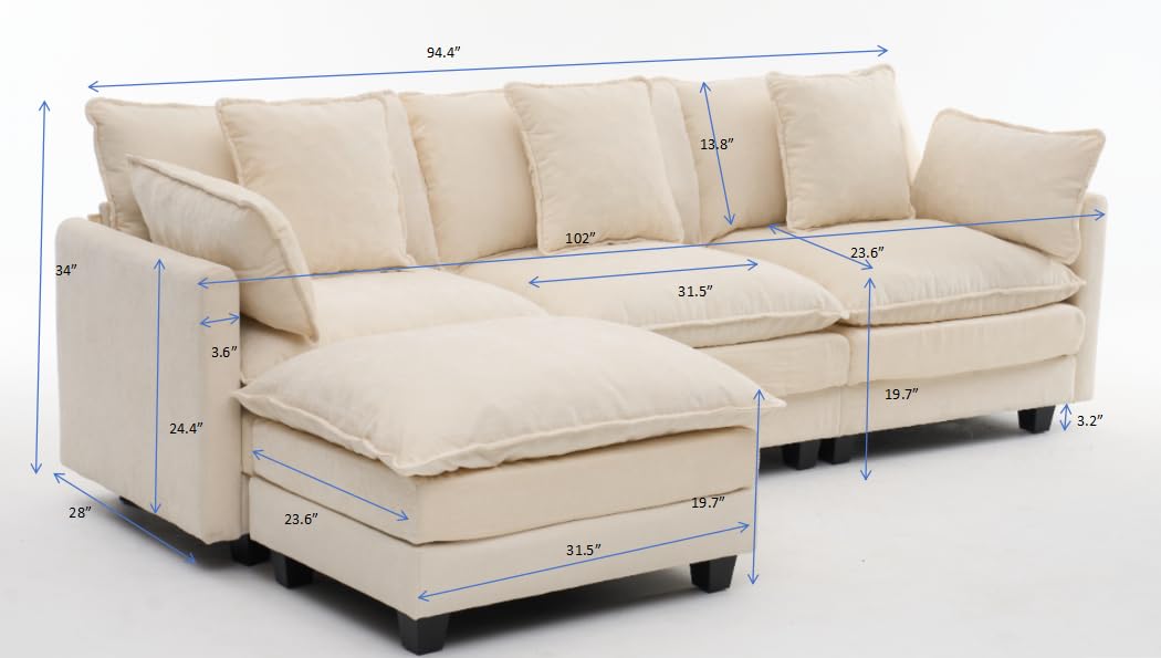 KEIKI 102" Modular Sectional Sofa with Storage Ottoman, L Shaped Convertible Couch with Movable Chaise Lounge, Linen Fabric Comfy 3 Seat Sleeper Sofa for Living Room Modern Apartment Bedroom, Beige