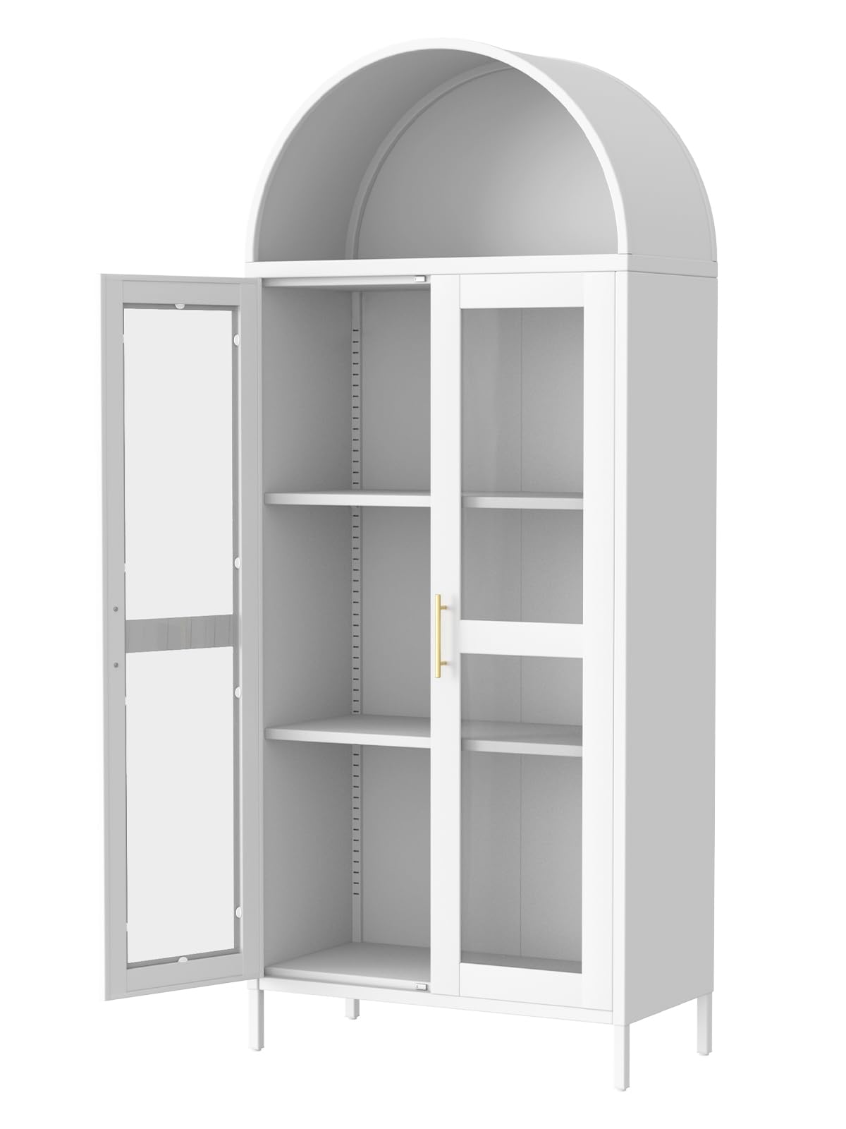 GarveeHome Modern Arched Metal Cabinet with Glass Doors & 2 Adjustable Shelves, 31"x15"x73"，Freestanding Pantry Storage for Kitchen/Dining/Living Room – Contemporary Display Organizer, White