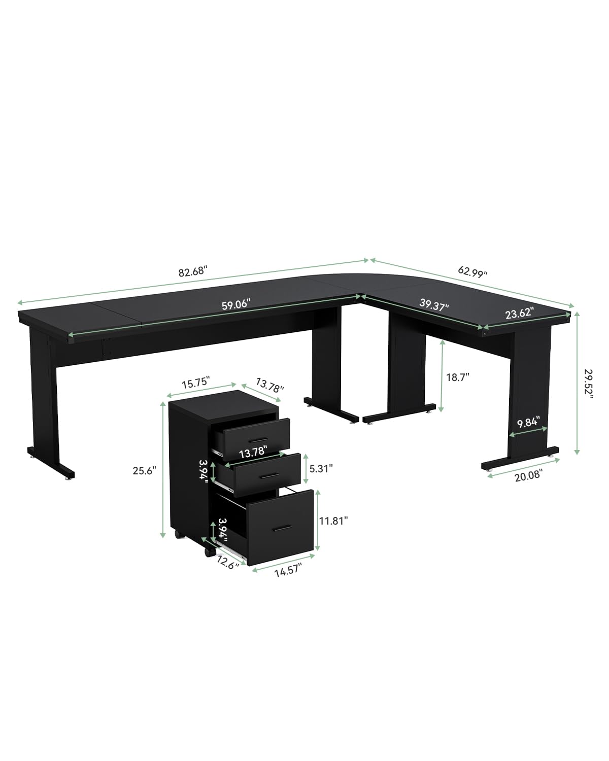 LITTLE TREE 82.67" Long Executive Desk Large L-Shaped Computer Office Desk with 3-Drawer Mobile File Cabinet, Industrial Business Furniture Desk Workstation for Home Office, Black