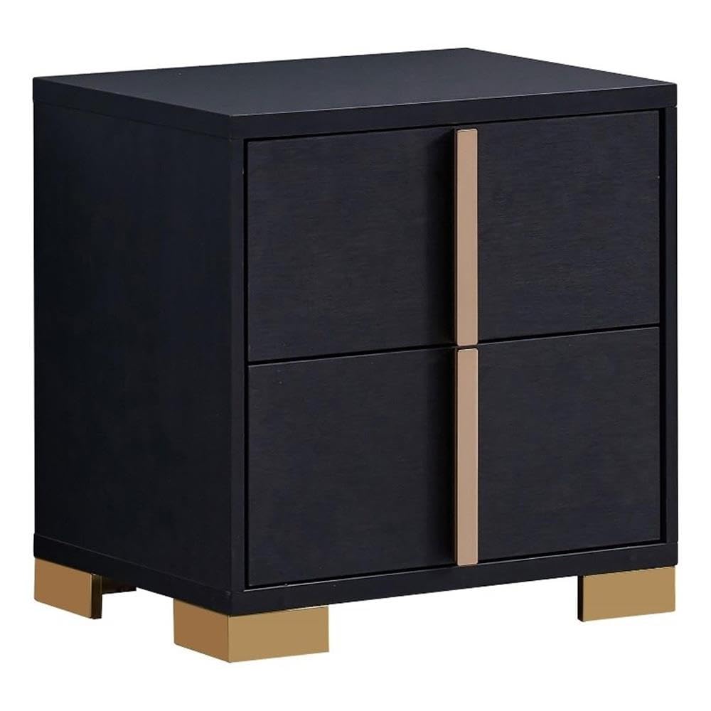 Pemberly Row 2-Drawer Wood Nightstand, 22.25 in H x 21.75 in W x 16.25 in D, Black and Gold Finish, Art Deco Style, Metal Glide Drawers, Geometric Accent, Bedroom Furniture Storage