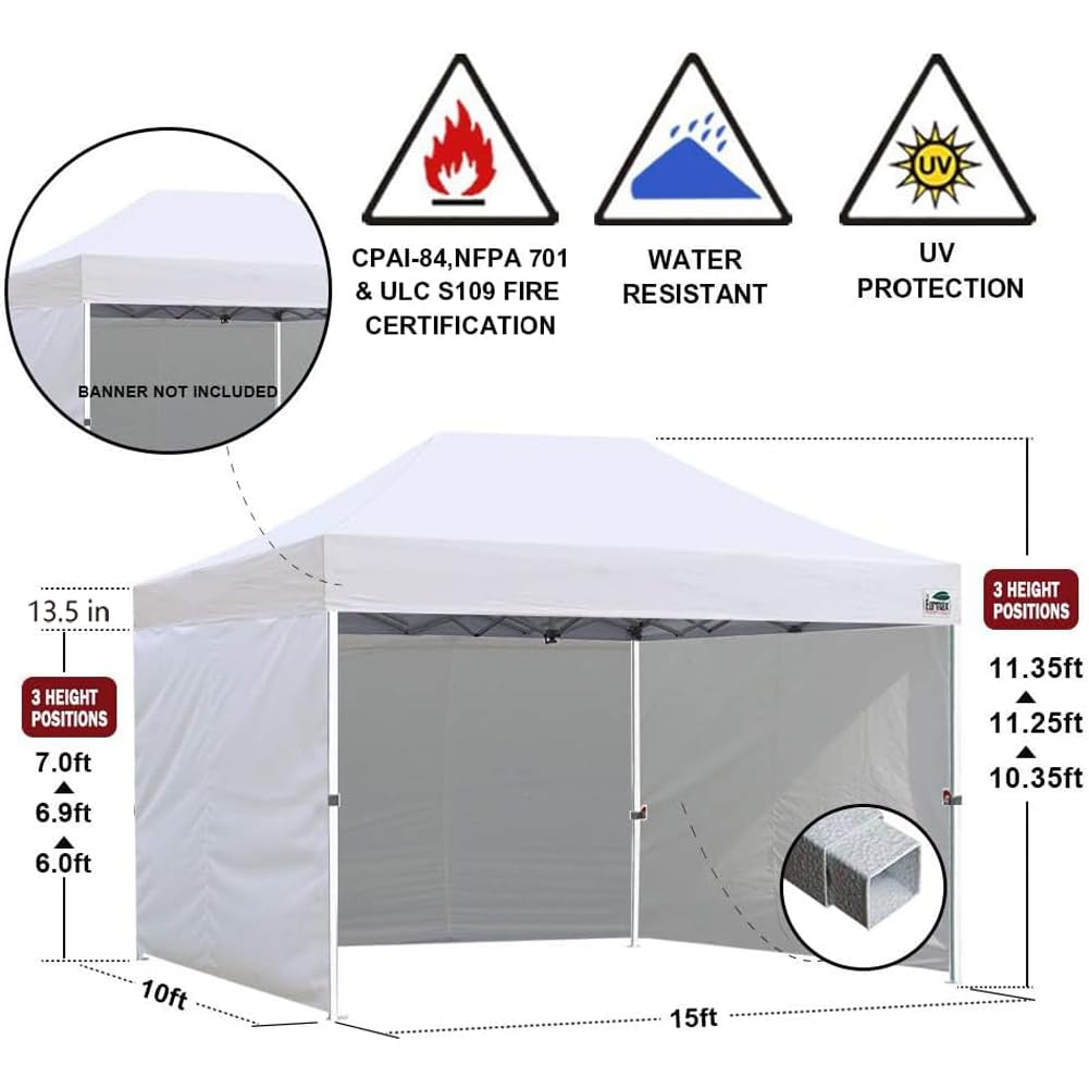 Eurmax USA 10x15 Pop Up Canopy Tent,Commercial Tent with Patented No-Tip Rolling Bag,4 Zippered Removable Walls,UV & Water Resistant Canopy Top,Heavy Duty Outdoor Gazebo,Instant Shelter(White)