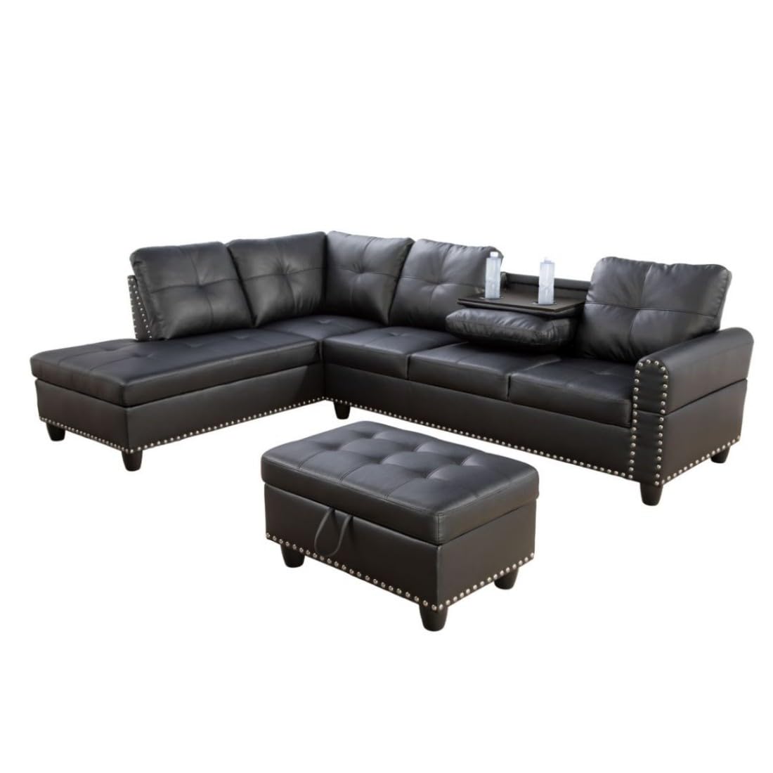 UOCFYK L-Shaped 3-Piece Faux Leather Sofa with Ottoman, Sectional Couch Set for Living Room, Office, Apartment, with Cup Holder, Black